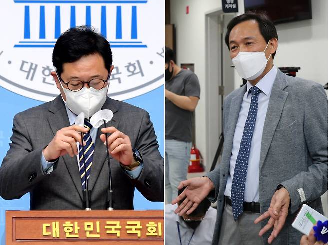 적극 해명 부동산 불법 거래·보유 의혹을 받고 있는 김한정(왼쪽 사진), 우상호 더불어민주당 의원이 8일 국회에서 해명 기자회견을 하고 있다.  국회사진기자단