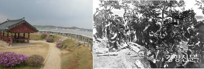 1871년 6월10일 미군의 공격으로 속절없이 무너진 초지진의 현재모습(왼쪽 사진). 고성능 총기와 화포, 그리고 남북전쟁을 거치면서 숙달된 병사들로 무장한 미군의 공세를 감당할 수 없었다. 야포와 소총으로 무장한 미 해병 800여명의 2시간 동안 맹공을 펼쳤고, 조선군은 변변한 응사도 못 한 채 전멸했다. 조선군의 시신과 불랑기 포가 보인다.