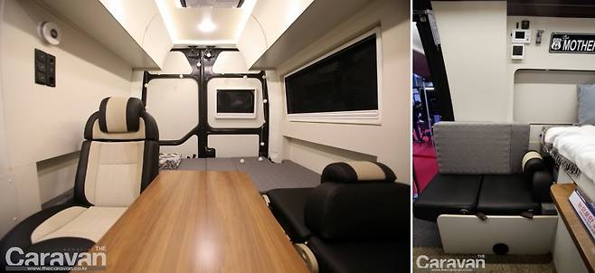 사진상 좌측은 시트로 활용 시, 우측은 평탄화를 위해 헤드레스트를 빼고 소파로 변환 후의 모습이다