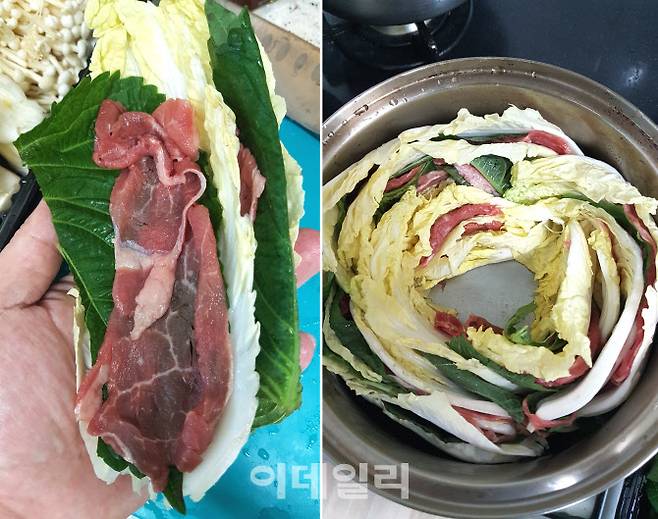 배추와 깻잎, 얇게 썰린 소고기를 차례로 겹겹이 쌓아 냄비 안쪽 벽면부터 중심부로 차례로 둘러가며 담아준다.(사진=김범준 기자)