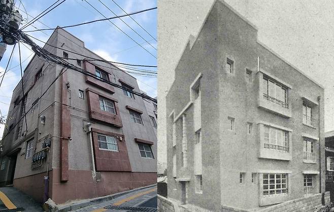 지난 11일 오후 찾은 남산동 미쿠니 아파트.(왼쪽). 1930년 준공돼  미쿠니 상회 직원 사택으로 쓰였다.  지금도 아파트로 사용중이다.  오른쪽은 완공 직후 잡지 '조선과 건축' 1930년12월호에 실린 사진.외관은 준공 당시와 거의 바뀐 게 없다./김기철기자