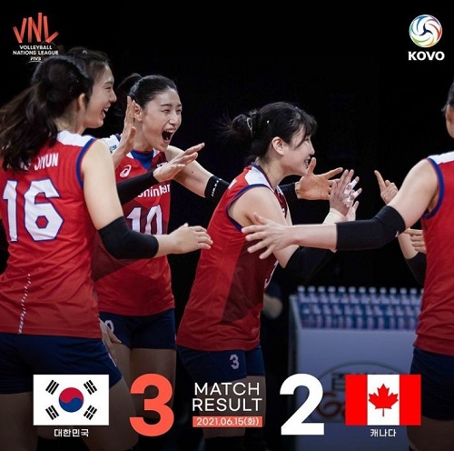 대한민국 여자배구 국가대표팀이 15일(한국시간) 이탈리아 리미니에서 열린 ‘2021 발리볼네이션스리스(VNL)’ 캐나다와의 경기에서 세트 스코어 3-2로 이겼다. 사진=한국배구연맹 공식 인스타그램 계정