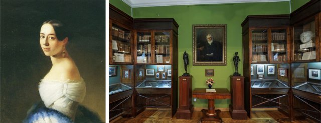 에스토니아 화가 카를 티몰 폰 네프가 1842년에 그린 폴린 비아르도의 초상화(왼쪽 사진)와 러시아 오룔의 투르게네프 문학 기념관. 가운데 투르게네프의 초상화가 걸려 있다. 사진 출처 위키미디어·투르게네프 문학기념관 홈페이지