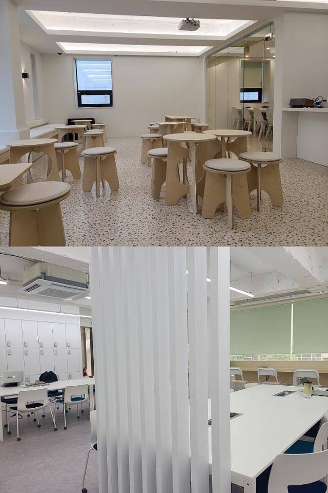 서울 마포구 성산동에 위치한 해빗투게더협동조합의 '모두의 놀이터' 2층 커뮤니티 라운지 겸 카페(위쪽)와 3층 공유 사무실의 모습. 이유지 기자