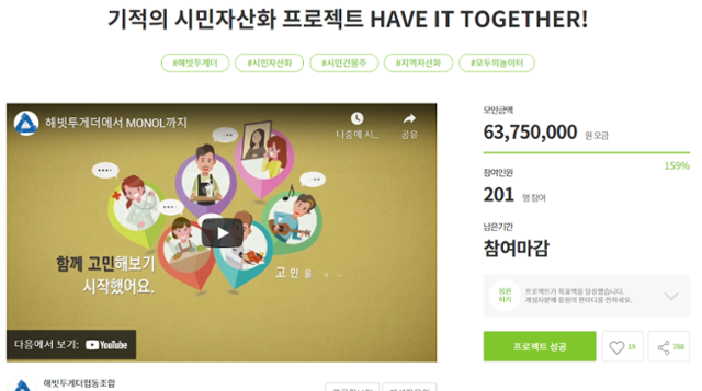 해빗투게더협동조합이 지난해 모두의 놀이터 설립을 위해 투자 플랫폼 '오마이컴퍼니'를 통해 진행한 1차 크라우드펀딩. 오마이컴퍼니 캡처