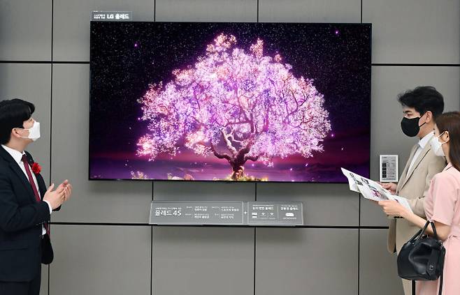 LG전자가 세계 최초로 출시한 83형 유기발광다이오드(OLED·올레드) TV가 20일 LG베스트샵 매장에 전시돼 있다. 이 제품은 4K해상도를 구현하는 올레드 TV 가운데 가장 크다.   LG전자 제공