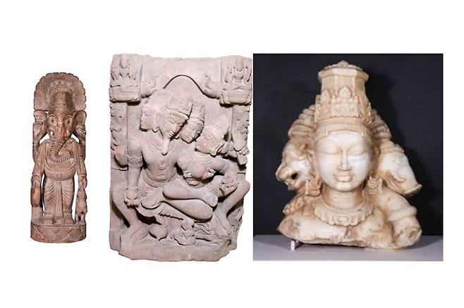 왼쪽 사진부터 가네샤 조각, 쉬바와 빠르봐띠, 비슈누 삼면상. 김해시 제공