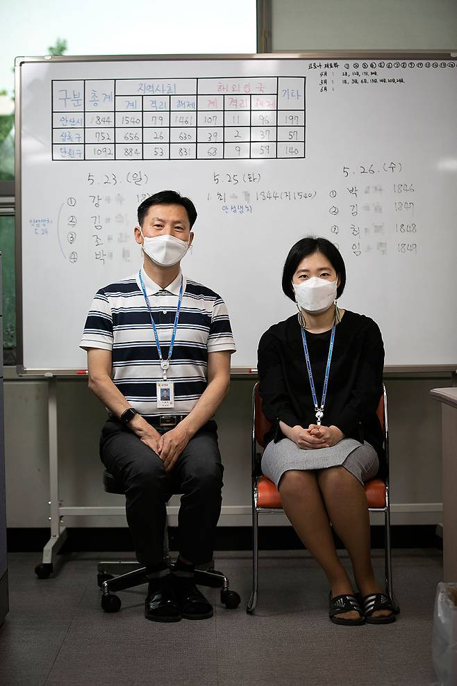 감염병대응팀 이승구 팀장(왼쪽), 김자희 주무관. 감염병대응팀은 코로나19 대응에서 주무를 맡은 부서다. 확진자가 한 명도 발생하지 않은 날을 ‘코로나 제로화’라고 표현한다. ⓒ시사IN 이명익