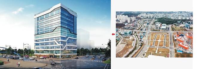 충남 당진시 중심 상권으로 떠오르는 수청지구에 지상 10층 규모로 들어서는 '중앙메디컬타워'의 완공 후 예상 모습. 메디컬과 셀렉트 다이닝 매장이 결합한 복합상가건물로 지역 내 랜드마크가 될 전망이다. 오른쪽은 수청지구를 하늘에서 내려다본 모습. /당진엠개발
