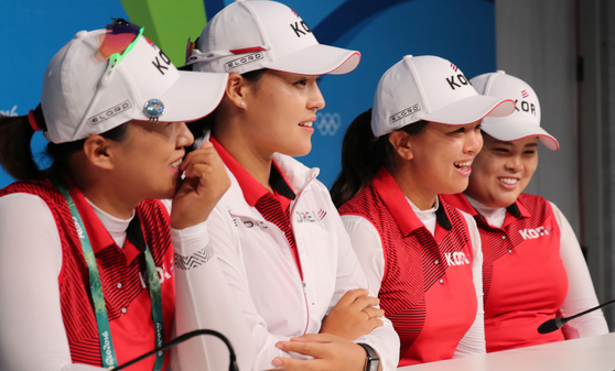 The Korean golf team -- Amy Yang, Chun In-gee, Kim Sei-young and Park In-bee -- answer questions at the 2016 Rio Olympics. [JOINT PRESS CORPS]