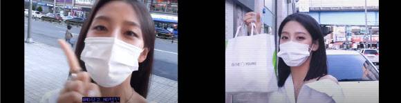 왼쪽 사진은 러블리즈의 멤버 예인이 한 올리브영 매장 앞에서 셀프 인터뷰를 하며 “광고나 협찬이 아니다. 진짜로 쓰는 ‘찐템’들을 골라보겠다”고 밝히고 있는 모습. 이어 예인은 쇼핑을 마친 뒤 쇼핑백을 들어보이는 있다. (사진=러블리즈 유튜브)