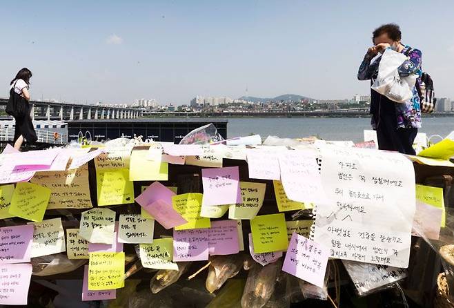 한강공원에서 실종됐다가 숨진 채 발견된 대학생 손정민 씨 사건에 대한 경찰의 수사가 진행 중인 25일 오전 손씨가 실종됐던 서울 서초구 반포 한강공원에서 시민이 추모 공간을 살펴보고 있다. /연합뉴스