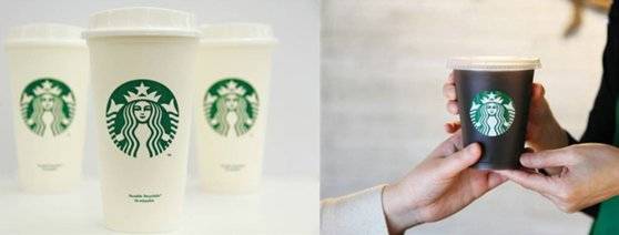 왼쪽부터 스타벅스 로고가 그려진 '리유저블컵'(2014년)과 여름 음료를 담을 수 있는 '리유저블 콜드컵'(2015년). 사진 스타벅스코리아