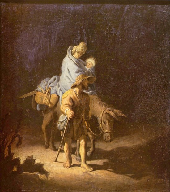 아기 예수를 안고 이스라엘에서 이집트로 피신하는 성모 마리아와 요셉. 렘브란트의 작품 '이집트로의 피신'.