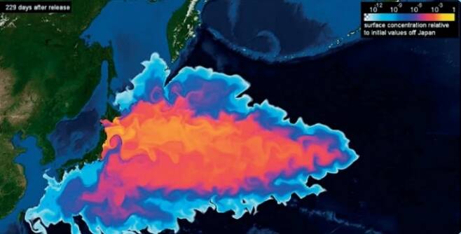 일본 후쿠시마에서 오염수를 방류한 지 229일이 지났을 때의 확산 상황을 나타낸 그림이다. 독일 킬대학교 연구팀은 2012년 오염수가 처음 방출될 때의 농도가 1이면 제주에 도착할 때쯤엔 농도가 1조분의 1이 된다고 밝혔다. 독일 킬대학교 연구팀 제공