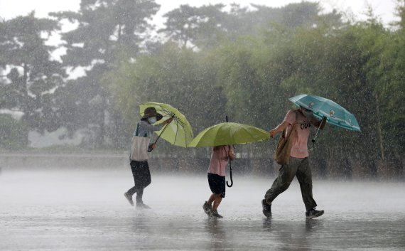 6월 22일 오후 서울 용산구 국립중앙박물관에서 갑작스레 쏟아지는 소나기에 시민들이 우산을 들고 뛰어가고 있다. / 사진=뉴시스