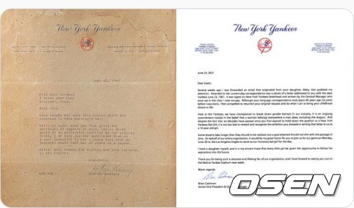 [사진]60년 전 그웬 골드먼이 당시 양키스 단장으로부터 받았던 공식 편지(오른쪽)와 이번에 새로 브라이언 캐시먼 양키스 단장으로부터 받은 공식 편지. <뉴욕 양키스 트위터 캡처>
