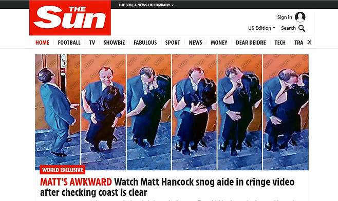 영국 대중 매체 더선은 25일 매트 핸콕 영국 보건장관이 보좌진과 사무실 복도에서 키스하는 영상을 보도했다./The Sun