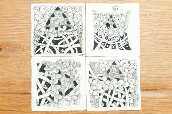 황승민 학생기자·현지용 학생모델이 직접 그린 젠탱글(위 두 작품)과 박현주 교사가 완성한 젠탱글(아래 두 작품). 같은 탱글을 활용해도 결과물은 얼마든지 다르게 나올 수 있다는 게 젠탱글의 매력이다.