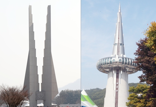 고인이 디자인한 독립기념관 겨레의 탑(왼쪽)과 대전엑스포 한빛탑(오른쪽) [연합뉴스 자료사진]