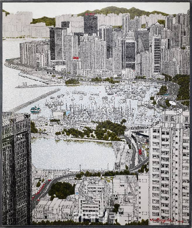 우병출의 ‘씨잉’(Seeing·2020). 홍콩의 상징이라 할 마천루가 한눈에 내려다보이는 광경이다. 30호(76×90.9㎝) 규모로 그렸다(사진=갤러리조은).