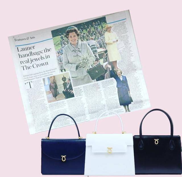 넷플릭스의 영국 드라마 '더 크라운'에서 엘리자베스 2세 여왕과 마거릿 대처 총리가 애용한 '라우너(Launer)' 핸드백이 등장한다는 신문 보도 내용. 라우너 SNS 캡처