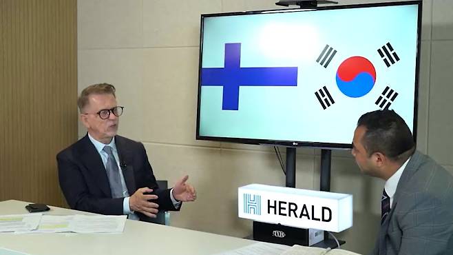 Finnish Ambassador to South Korea Pekka Metso (left) speaks during a recent interview with The Korea Herald. (Screen capture from video interview with The Korea Herald)