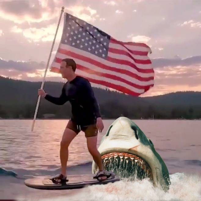 서핑보드를 타는 저커버그를 상어가 쫓아오는 밈. /트위터 캡처