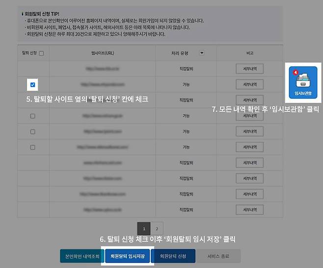 항목을 살펴보고, 탈퇴할 사이트를 체크한 다음 임시 저장한다. 모두 확인되면 측면에 임시보관함 아이콘을 클릭한다. 출처=e프라이버시 클린서비스