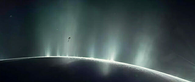 엔셀라두스의 지표면에서 뿜어져 나오는 물기둥 위를 날고 있는 NASA 카시니호의 모습을 상상한 일러스트 사진 (사진=NASA)