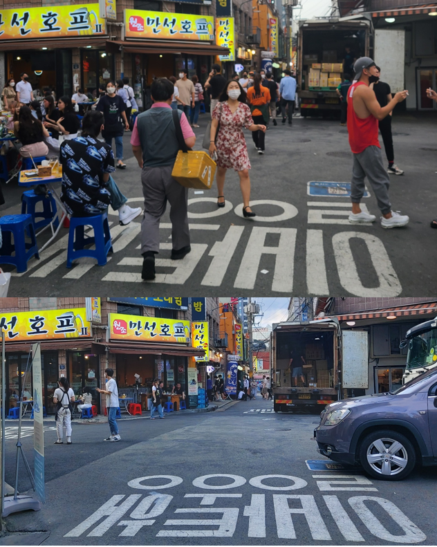 지난달 25일 오후 6시30분의 을지로 노가리골목(위)이 손님들로 북적이는 것과 달리 9일 오후에는 텅 비어 있다. 서현정 인턴기자