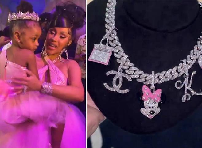 래퍼 카디비와 딸 컬처 키아리의 모습, 카디비가 딸의 3번째 생일선물로 준비한 다이아몬드 목걸이/사진=카디비 인스타그램