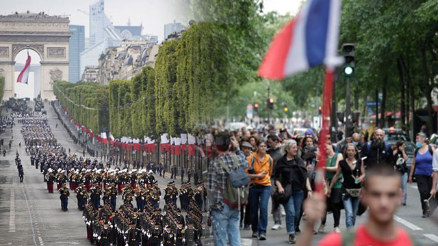 프랑스 혁명 기념일에 열린 열병식과 백신 반대 집회