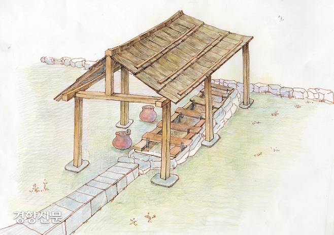 백제시대 공동화장실 복원도, 익산 왕궁리 유적 서북쪽 공방근처에 있었다. 5칸-3칸-2칸짜리 화장실 3개동이 있었다.|국립부여문화재연구소 제공