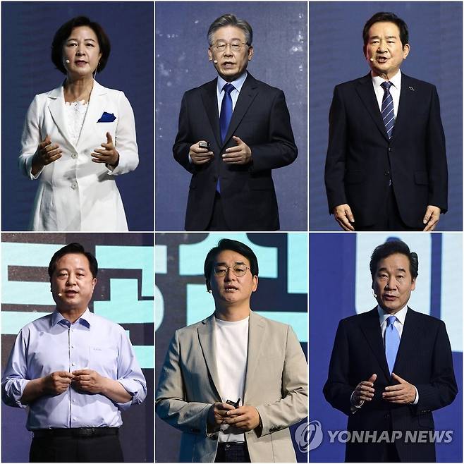 6인의 민주당 대선 경선 후보 (서울=연합뉴스) 지난 11일 오후 더불어민주당 제20대 대통령선거  예비경선 개표식에서 경선 후보로 선출된 추미애(상단 왼쪽부터 시계방향.기호순), 이재명, 정세균, 이낙연, 박용진, 김두관 후보. [연합뉴스 자료사진]