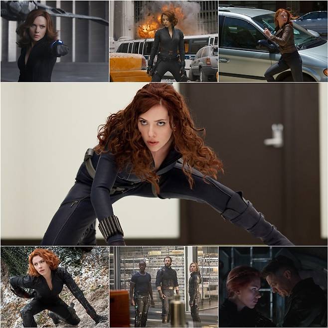 '아이언맨 2'(2010)부터 '어벤져스'(2012) '캡틴 아메리카: 윈터 솔져'(2014) '어벤져스: 에이지 오브 울트론'(2015) '캡틴 아메리카: 시빌 워'(2016) '어벤져스: 인피니티 워'(2018) '어벤져스: 엔드게임'(2019) 속 블랙 위도우 나타샤 로마노프 스틸컷. 월트디즈니컴퍼니 코리아 제공