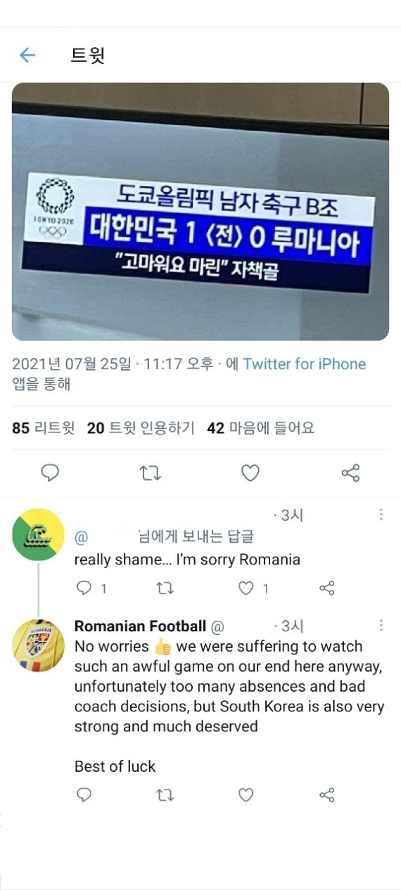 루마니아 소식을 전하는 '루마니안 풋볼' 트위터 계정 운영자가 트위터에 찾아와 사과한 한국 누리꾼에게 "한국은 강했고 승리할 만 했다"는 덕담을 전했다. /사진=루마니아 축구협회 트위터 캡쳐