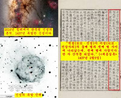 2016년 6월 전갈자리 꼬리부분에서 관측된 신성의 흔적. 칠레에서 6개국 공동연구진이 관측했다. 1437년 폭발한 신성이다. <세종실록>  1437년 음2월5일자에 “객성(客星·신성)이 미성(尾星·전갈자리)의 둘째 별과 셋째 별 사이에 나타났는데, 셋째 별에 가깝기가 반 자 간격쯤 되었다”는 내용이 나온다. 바로 그 객성(신성)의 흔적이 579년 뒤 6개국 공동연구진이 관측한 것이다.