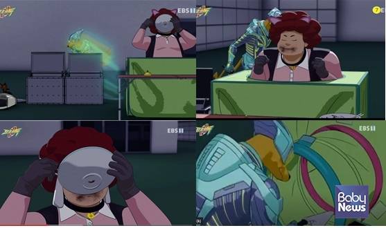 포텐독 24화 '개똥 테러 사건'(2021년 6월 18일 방영) 중 뽀그리(분홍 옷)가 기네스(개)에게 돈을 받고 공개적으로 배변하는 장면. ⓒ정치하는엄마들