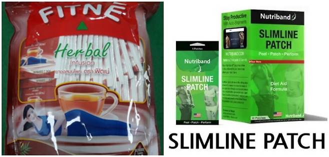 태국산 피트네 허벌티에서 센노사이스 A가 9.15㎎/g, 센노사이드 B가 10.7㎎/g 검출됐다. (왼쪽 사진) ‘패치랩 슬림 패치’는 다이어트 효능을 표방하며 한 박스에 30매가 들어있는 형태로 판매했다. (오른쪽) 식약처 제공