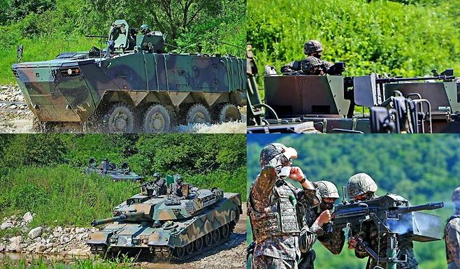 [사진: 육군] 강력한 보병대대를 만들기 위해 도입 중인 우수한 기동력과 도하능력을 가진 미래 기동전력인 K808 차륜형장갑차와 훈련 중인 제3사단 맹호여단 보병대대