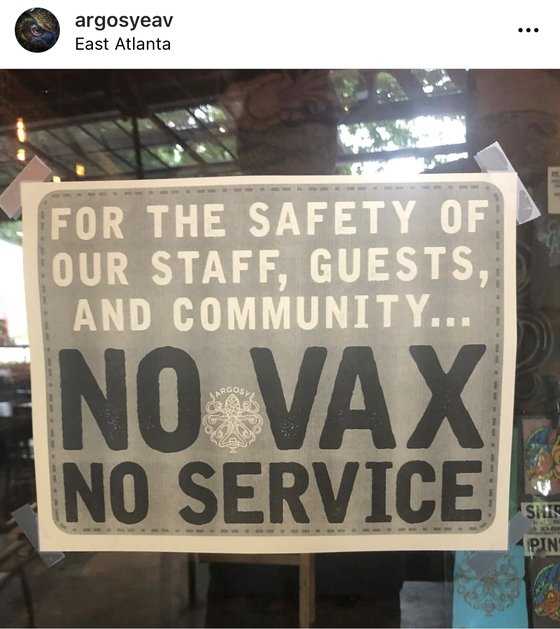 미국 애틀랜타 아르고시 식당 문 앞에 백신 미접종자 거절 공지가 게시돼 있다. [사진 아르고시 인스타그램 캡처]