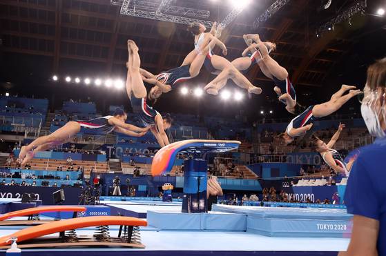 Korea's Yeo Seo-jeong performs in the women's vault event at the 2020 Tokyo Olympics on Sunday. [YONHAP]