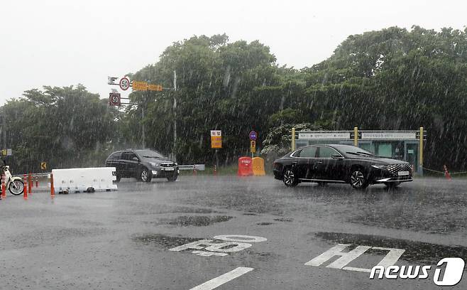 호우특보가 발효 중인 11일 오전 제주 한라산국립공원에 폭우가 쏟아지고 있다. 2021.6.11 /뉴스1 © News1 오현지 기자
