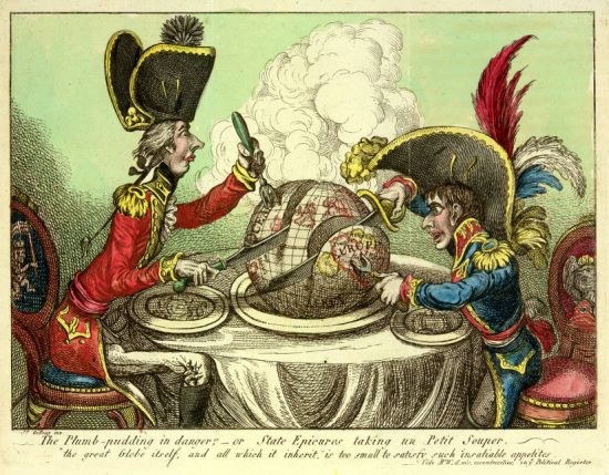 1805년, 영국의 정치풍자 만화가 제임스 길레이가 그린 나폴레옹 풍자화. 당시 영국의 윌리엄 피트 수상(왼쪽)과 나폴레옹 보나파르트(오른쪽)가 지구를 양분하는 모습을 그렸다.[이미지출처= 미 워싱턴대 디지털도서관]