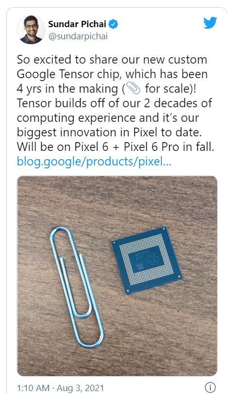 순다르 피차이 구글 최고경영자(CEO)는 텐서 칩을 만드는 데 4년이 걸렸다고 밝혔다. 피차이 트위터 캡처