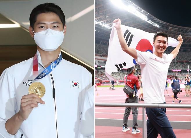 펜싱 남자 사브르 결승에서 금메달을 따낸 오상욱 선수(25·왼쪽)와 높이뛰기 한국 신기록을 쓴 우상혁 선수(25·오른쪽)/사진 = 뉴시스