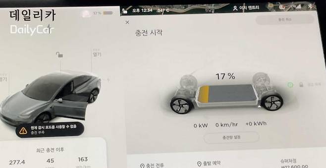 테슬라 슈퍼차저 충전 시작 당시 배터리 상태 차량은 모델 3다. </figcation>