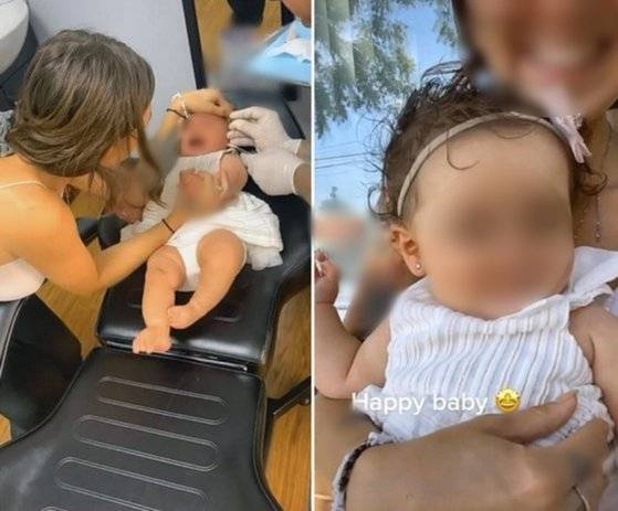 최근 한 엄마가 자신의 틱톡에 올린 영상. 생후 6개월 된 딸이 귀 피어싱을 하는 모습이 논쟁을 일으켰다. [틱톡 캡처]