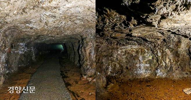제6호 지하호 내부. 왼편으로 휘어지는 구조 때문에 지하호 안으로 들어갈수록 빛은 사라진다(왼쪽), 지하호의 끝 부분/이석우 기자